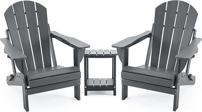 Folding Adirondack Chair Set with Side Table - HDPE Outdoor Patio Chairs, Weatherproof Chair with Reclining Back, Cup & Phone Holder, and 2-Tier Storage End Table for Firepit or Garden (Grey)