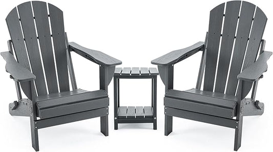 Folding Adirondack Chair Set with Side Table - HDPE Outdoor Patio Chairs, Weatherproof Chair with Reclining Back, Cup & Phone Holder, and 2-Tier Storage End Table for Firepit or Garden (Grey)