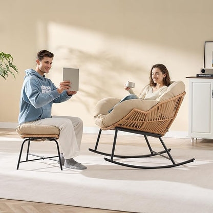 ONBRILL Papasan Rocking Chair with Ottoman,Oversized Papasan Chair with Padded Cushion, Indoor & Outdoor Rocker Chair for Living Room, Patio, Garden, Beige