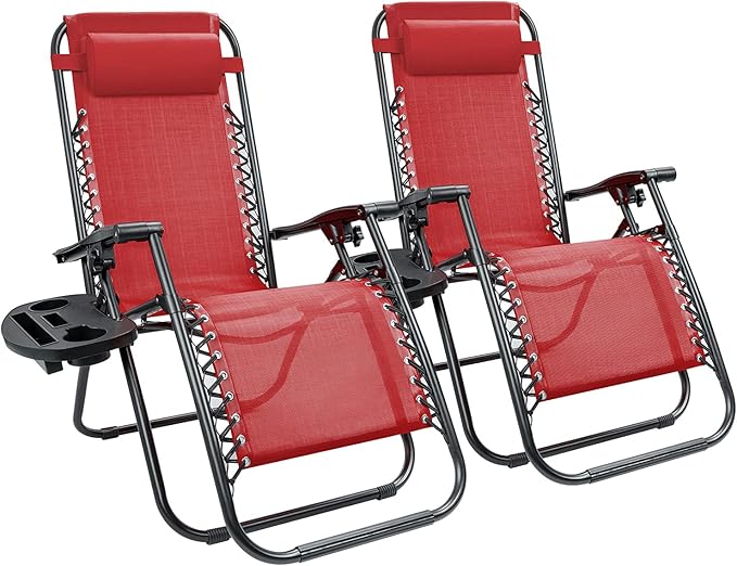 Kemon Zero Gravity Folding Lounge Outdoor Patio Adjustable Reclining Chair with Pillows and Cup Holders for Beach Set of 2, Red,KM-CRDVC