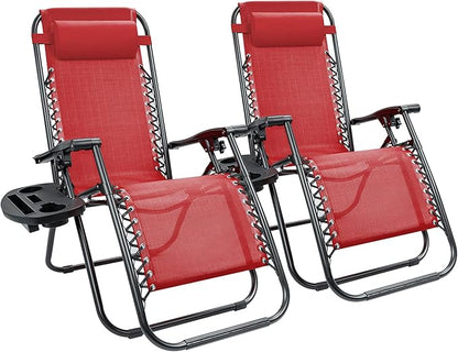 Kemon Zero Gravity Folding Lounge Outdoor Patio Adjustable Reclining Chair with Pillows and Cup Holders for Beach Set of 2, Red,KM-CRDVC