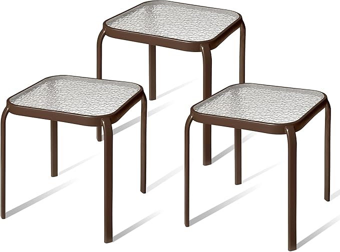 Bronze Metal Outdoor Side Table with Tempered Glass Top Set of 3 – Elegant Small 16" Square Patio Table – Durable Weather-Resistant Coffee Bistro Accent End Table for Outside and Garden