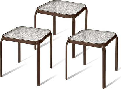 Bronze Metal Outdoor Side Table with Tempered Glass Top Set of 3 – Elegant Small 16" Square Patio Table – Durable Weather-Resistant Coffee Bistro Accent End Table for Outside and Garden