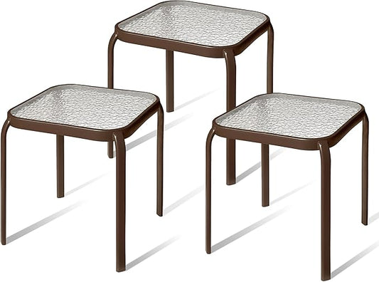 Bronze Metal Outdoor Side Table with Tempered Glass Top Set of 3 – Elegant Small 16" Square Patio Table – Durable Weather-Resistant Coffee Bistro Accent End Table for Outside and Garden