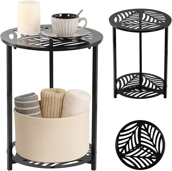 13" Two-tiered Metal Round Side Tables Small Black Outside End Table for Patio Round Accent Garden Corner Stand for - Photo 1