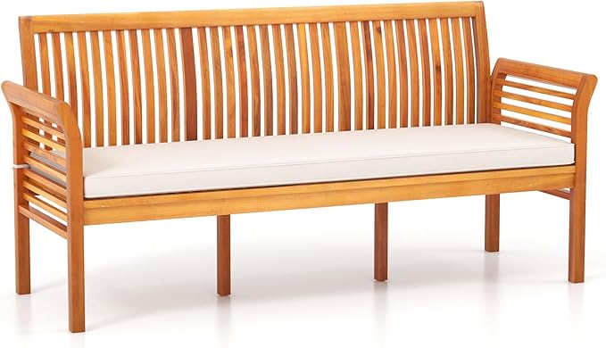 Tangkula 3-Seat Patio Acacia Wood Bench with Cushion, 62.5” Extra Long Outdoor Chair with Dense Slatted Backrest & Armrests, 1200 lbs Weight Capacity, Outside Bench for Yard, Balcony, Porch & Garden