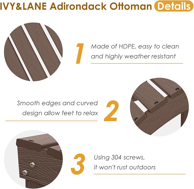 IVY&LANE Outdoor Adirondack Ottoman | Folding | Set of 2 | HDPE Wood Grain | Dark Brown | All Weather | Waterproof Patio Footrest for Adirondack Chair | Poly Lumber Foot Rest for Deck