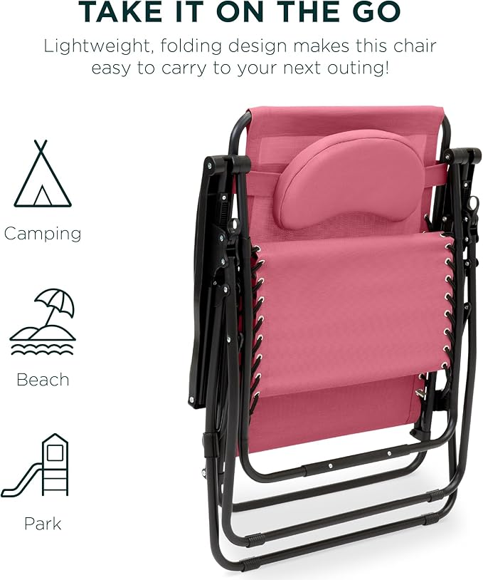 Best Choice Products Oversized Zero Gravity Chair, Folding Outdoor Patio Lounge Recliner w/Cup Holder Accessory Tray, Pillow - Pink