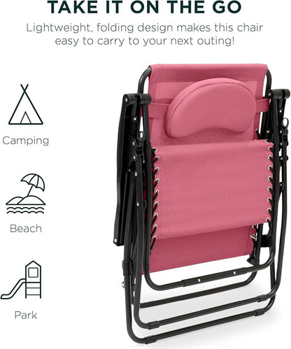 Best Choice Products Oversized Zero Gravity Chair, Folding Outdoor Patio Lounge Recliner w/Cup Holder Accessory Tray, Pillow - Pink