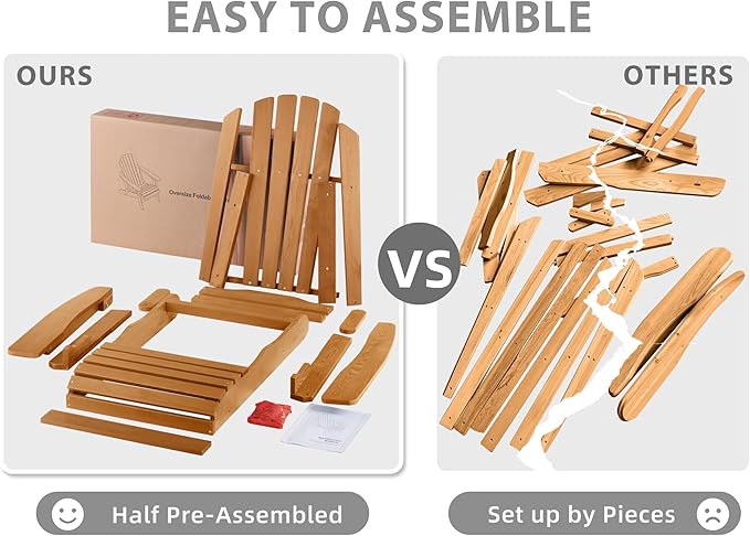Oversize Wooden Outdoor Folding Adirondack Chair with Pre-Assembled BackRest & SeatBoard, Wood Patio Chair for Garden Backyard Porch Pool Deck Firepit