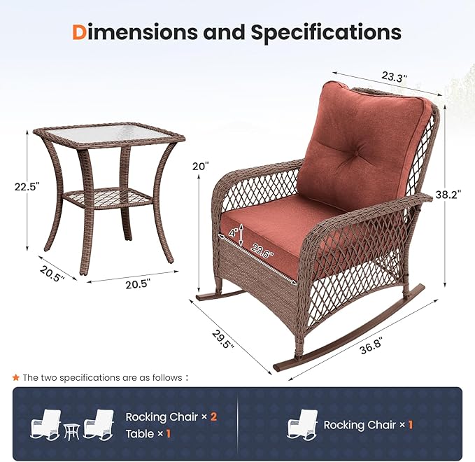 UDPATIO 3 Piece Patio Furniture Set, Wicker Rocking Bistro Set with 2 Rockers, 1 Side Table and 4‘’ Thick Cushions for Backyard, Porch, Balcony, Poolside, Brown/Dark Red