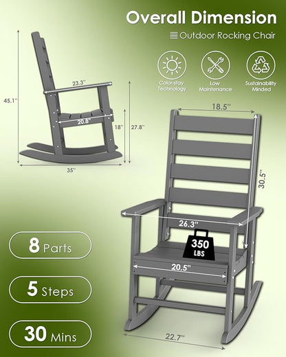 GREENVINES Outdoor-Rocking-Chair | HDPE Plastic | Patio Rockers | Porch Rocker Chairs | Shaker | Oversized | High Ladder Back | Big & Tall | PentaLuxe | Grey