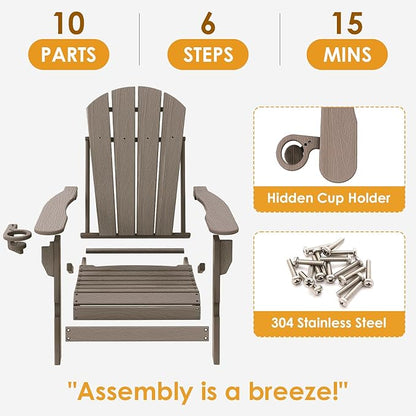 IVY&LANE Folding-Adirondack-Chair-Set-of-2 | HDPE Plastic | Wood Grain | Outdoor Fire Pit Chair with Cup Holder | Poly | Weather Resistant | for Patio Deck Poolside Garden Beach