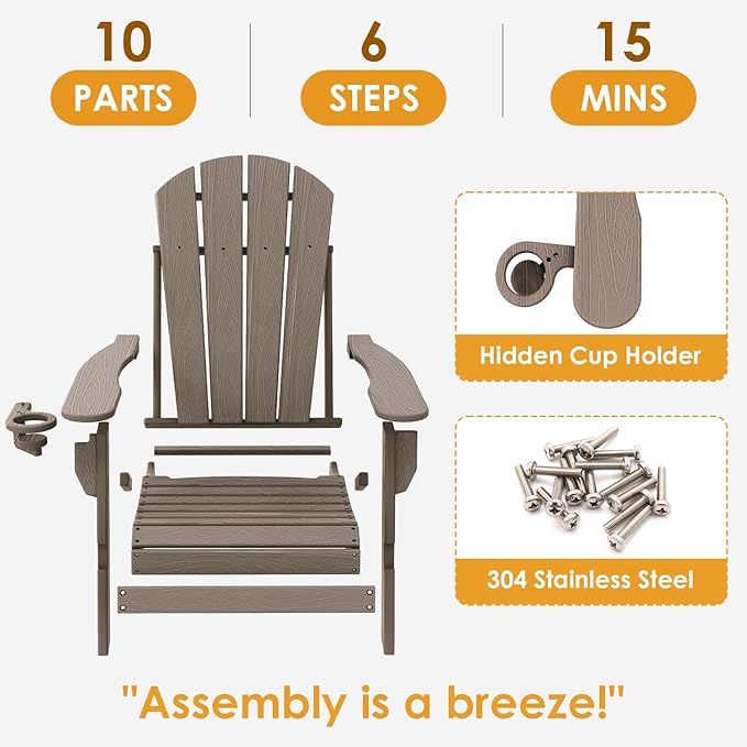 IVY&LANE Folding-Adirondack-Chair-Set-of-4 | HDPE Plastic | Wood Grain | Outdoor Fire Pit Chair with Cup Holder | Poly | Weather Resistant | for Patio Deck Poolside Garden Beach