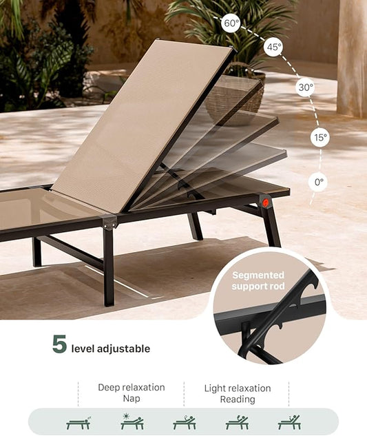 Aluminum Chaise Foldable Patio Lounge Chair Outdoor, Metal Deck Lounger Adjustable 5-Position Recliner Pool Chase Breathable Full Flat Outside Sun Tanning Chairs for Beach/Poolside/Lawn(Khaki, 1 Pack)