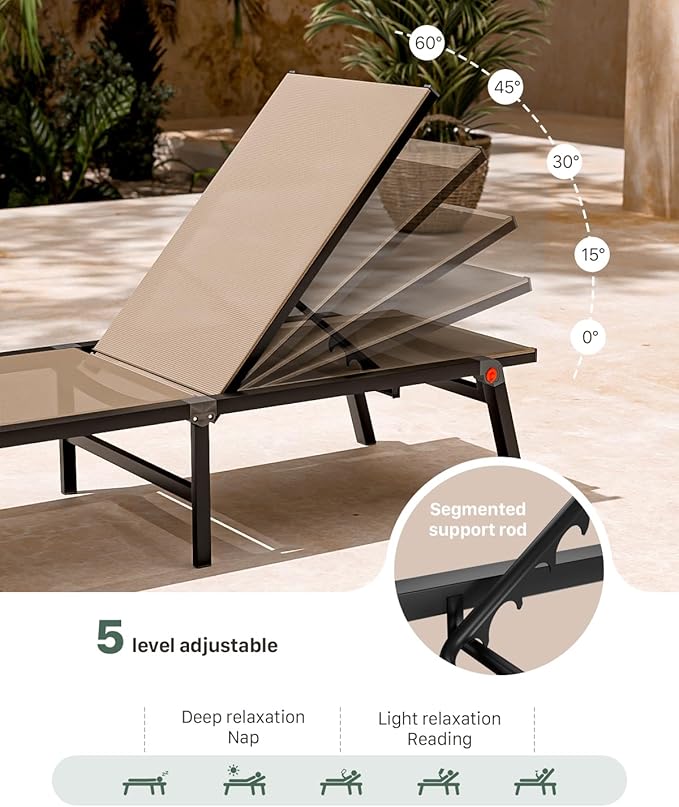 Aluminum Chaise Foldable Patio Lounge Chair Outdoor, Metal Deck Lounger Adjustable 5-Position Recliner Pool Chase Breathable Full Flat Outside Sun Tanning Chairs for Beach/Poolside/Lawn(Khaki, 2 Pack)
