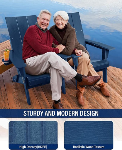Adirondack Chair with Cup Holder: Folding Adirondack Chairs Plastic HDPE Material Furniture - Modern Composite Fire Pit Chairs Foldable for Outdoor/Backyard/Garden/Lawn/Deck/Porch/Patio