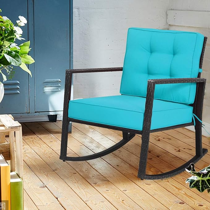 Tangkula Wicker Rocking Chair, Outdoor Glider Rattan Rocker Chair with Heavy-Duty Steel Frame, Patio Wicker Furniture Seat with 5” Thick Cushion for Garden, Porch, Backyard, Poolside (1, Turquoise)