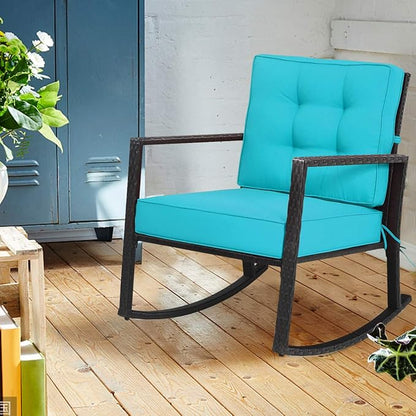 Tangkula Wicker Rocking Chair, Outdoor Glider Rattan Rocker Chair with Heavy-Duty Steel Frame, Patio Wicker Furniture Seat with 5” Thick Cushion for Garden, Porch, Backyard, Poolside (1, Turquoise)