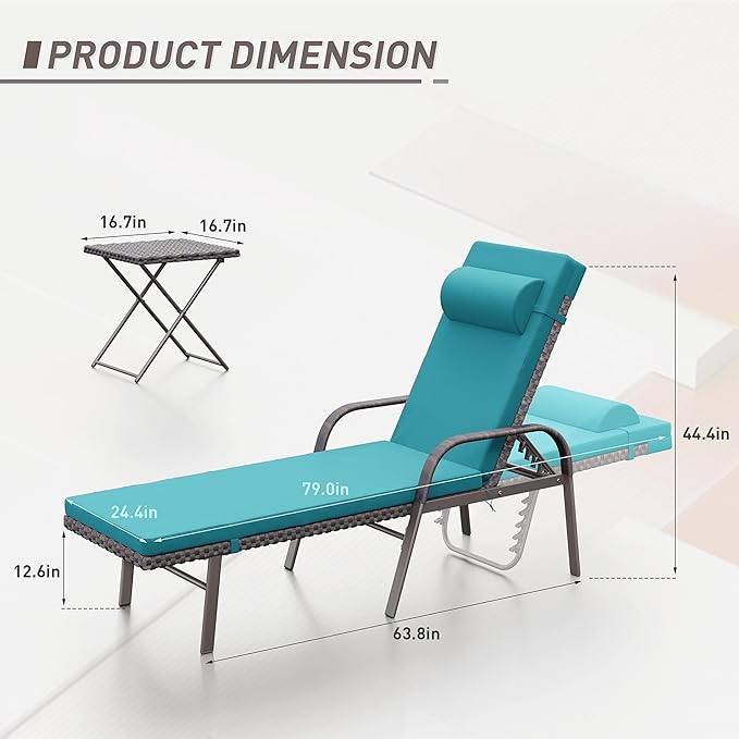 ALAULM 3 Pieces Outdoor Chaise Lounge Set Rattan Wicker Adjustable Pool Lounge Chair w/Folding Table,Patio Armrest Recliner for Beach, Poolside,Blue
