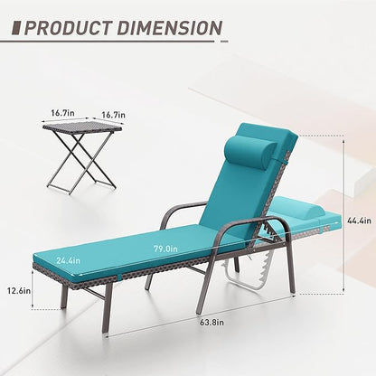 ALAULM 3 Pieces Outdoor Chaise Lounge Set Rattan Wicker Adjustable Pool Lounge Chair w/Folding Table,Patio Armrest Recliner for Beach, Poolside,Blue