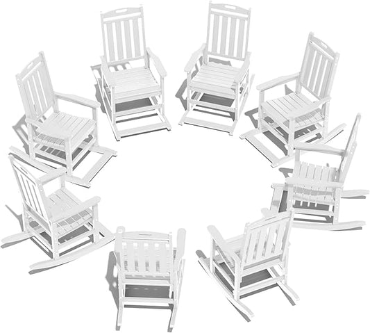 LOUNZY Outdoor Rocking Chair with Footboards Set of 8, HDPE Rocking Chair Patio Porch Rocker with 380lbs Support for Adult, White
