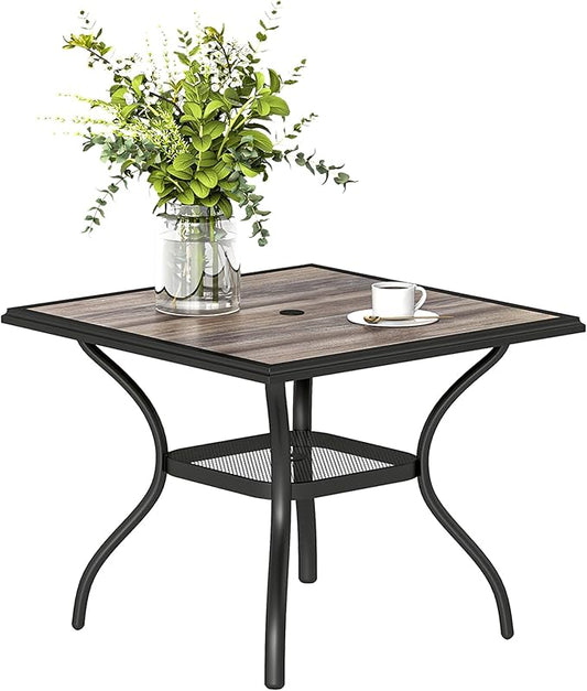 Outsunny Outdoor Dining Table for 4 People, 37" Square Patio Table with Umbrella Hole, Storage Shelf and Faux Wood Top, Metal Frame Outdoor Furniture for Garden, Backyard, Deck, Gray