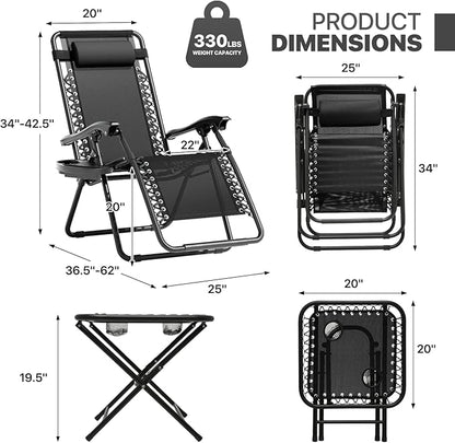 Magshion Folding Zero Gravity Chairs Set of 2, Outdoor Reclining Camping Chairs, Patio Lounge Recliners with Side Table & Cup Holder Tray, Black