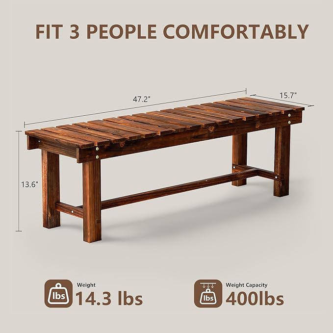 47.2" Outdoor Garden Bench, Weatherproof Patio Benches 3-Person Seat Backless Wooden Porch Bench - Photo 2