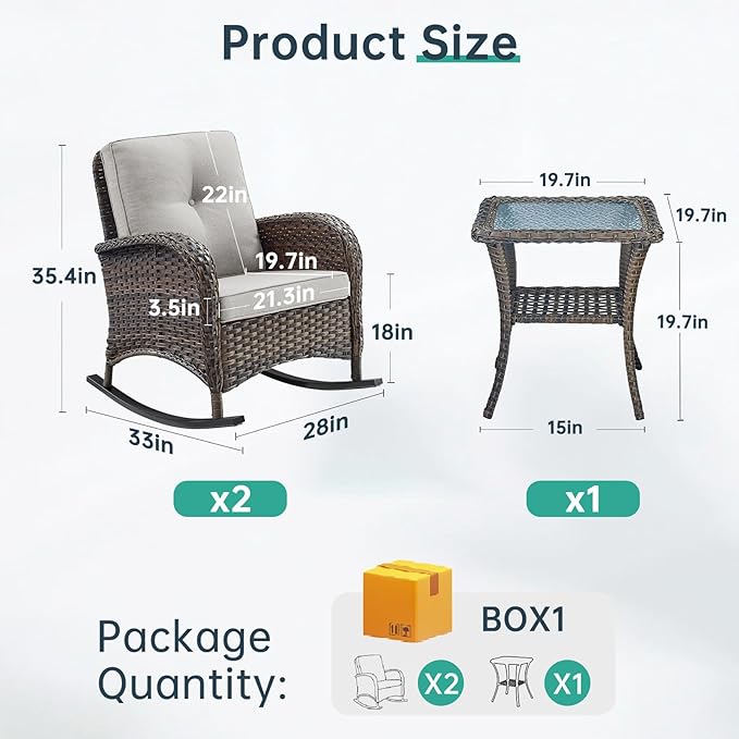 Patio Rocking Chair - 3 Peices Outdoor Wicker Rocker Porch Chair Set with Tempered Glass Side Table, 300 Lb Weight Capacity Rattan Seating for Balcony Garden Brown/Beige