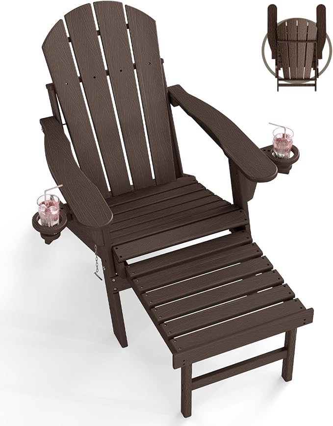 BRIOPAWS Adirondack-Chair-with-Pull-Out-Footrest | Folding | HDPE Plastic | Fire Pit Chairs | All Weather | Cup Holders | Curved Back | Retractable Ottoman | for Outdoor Deck Poolside | Dark Brown