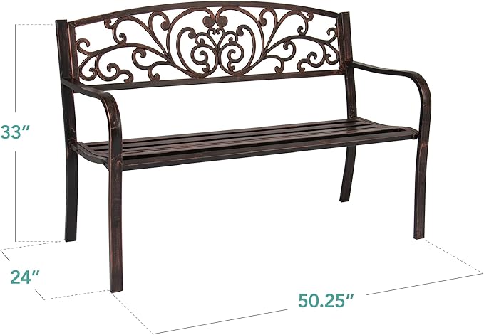 Best Choice Products Outdoor Bench Steel Garden Patio Porch Furniture for Lawn, Park, Deck w/Floral Design Backrest - Photo 3