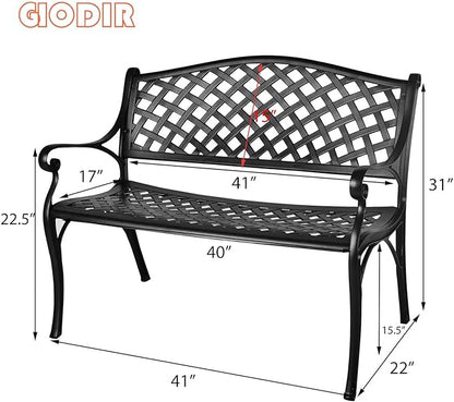 GIODIR Outdoor Patio Garden Bench All-Weather Cast Aluminum Loveseats Park Yard Furniture Porch Chair Work Entryway Decor w/Checkered Design (Black)