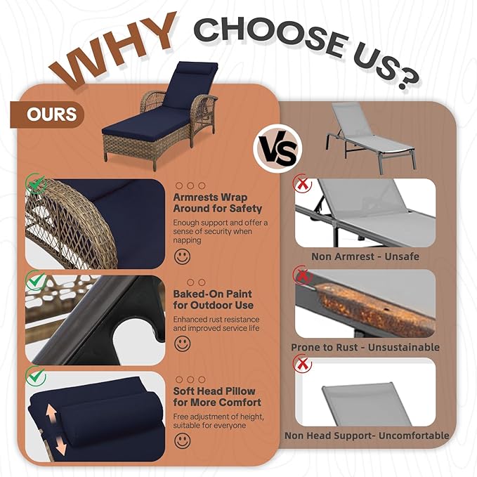 HOMEDIARY 3-Piece Outdoor Wicker Lounge Chair Set, Patio Chaise Loungers Set of 2 w/Side Table - Photo 7