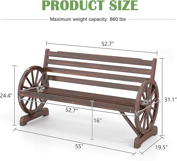 FIZZEEY Outdoor Bench - 52" Long Outside Garden Bench with Slatted Backrest & Wagon Wheel Armrests, Porch Furniture for Porch, Yard, Lawn, Rustic Brown