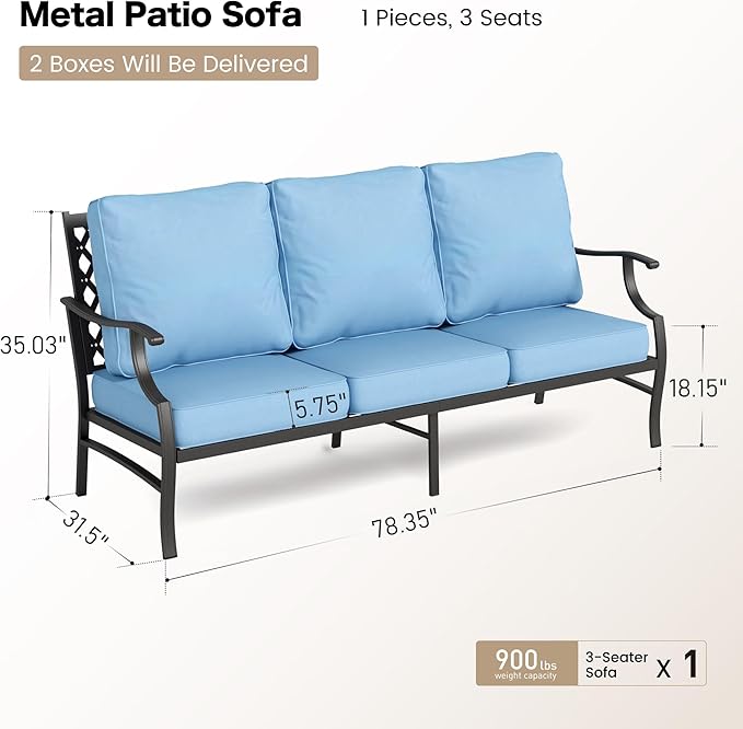 Metal Patio Furniture Sofa with 5.75" Extra Thick Waterproof Cushion, 3-Seater Deep Seating & High-Back Outdoor Couch All Weather Outdoor Seating for Backyard Deck Front Porch, Blue