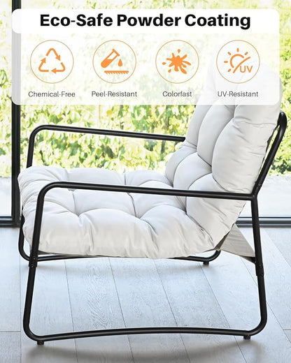Patio Accent Chair, Modern Metal Outdoor Lounge Chair, Comfy Outdoor Accent Chair with Padded Seat, All Weather Outdoor Patio Chair for Living Room, Apartment, Bedroom, Poolside, Off-White