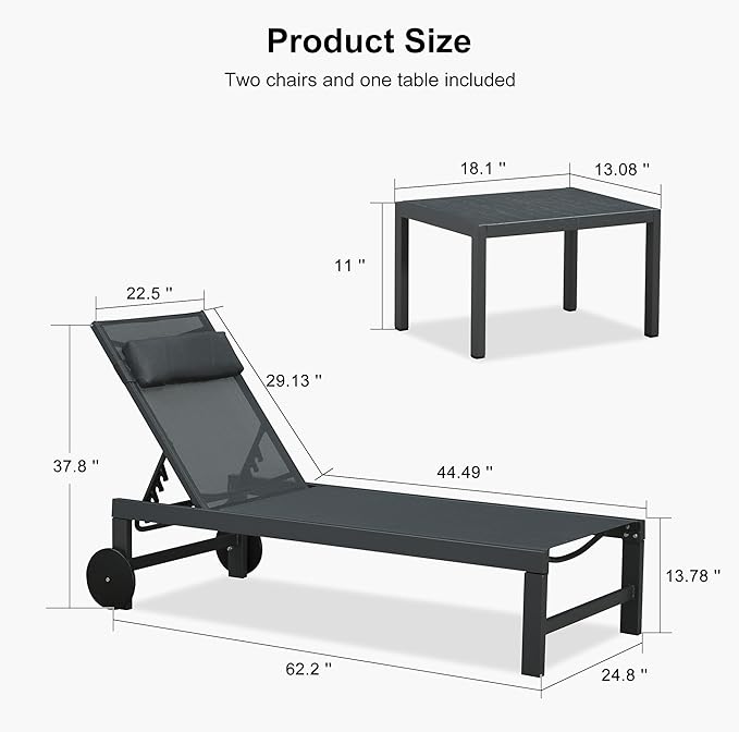 PURPLE LEAF Patio Lounge Chair Set Outdoor Chaise Lounger Aluminum Frame with 2 Side Table and Wheels for Pool Outside Sunbathing Tanning Recliner Including Pillows Gray