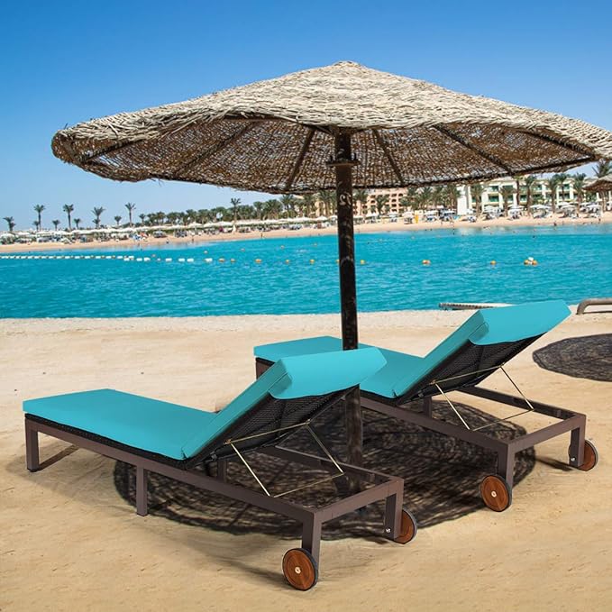 Tangkula Patio Chaise Lounge Chair, Outdoor Rattan Lounger Recliner Chair with Wheels, Wicker Chaise Chair W/Cushioned Seating, Recliner 5-Position Adjustable for Garden Patio Poolside (1, Turquoise)