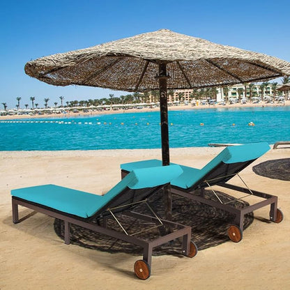 Tangkula Patio Chaise Lounge Chair, Outdoor Rattan Lounger Recliner Chair with Wheels, Wicker Chaise Chair W/Cushioned Seating, Recliner 5-Position Adjustable for Garden Patio Poolside (1, Turquoise)