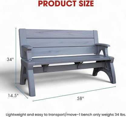 Convert-a-Bench 2-in-1 Outdoor Bench & Picnic Table - Foldable, Weather-Resistant Seating - Perfect for Patio, Lawn, Garden, or Deck - Durable & Easy Assembly - 1 Bench/Order, Platinum Gray