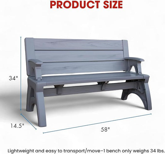 Convert-a-Bench 2-in-1 Outdoor Bench & Picnic Table - Foldable, Weather-Resistant Seating - Perfect for Patio, Lawn, Garden, or Deck - Durable & Easy Assembly - 1 Bench/Order, Platinum Gray