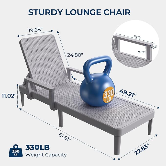 HOMSHADE Chaise Lounge Chair Outdoor - Set of 2 with 5 Position Adjustable Backrest, Armrest, Waterproof, 330lbs Weight Capacity for Pool, Resin, Light Grey