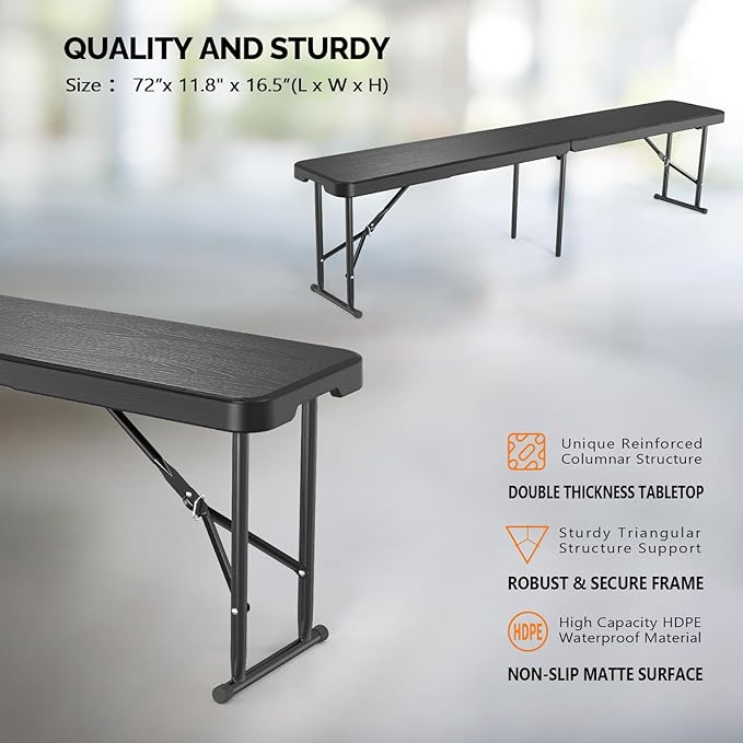 VINGLI 6 feet Plastic Folding Bench,Portable in/Outdoor Picnic Party Camping Dining Seat, Garden Soccer Multipurpose Entertaining Activities, Smooth HDPE Tabletop (1, Black, 6ft)