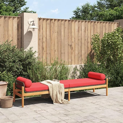 Brown and Red PE Rattan Patio Bench with Removable Cushion Covers, 2-Piece Outdoor Seating Set with Acacia Wood Legs and Steel Frame for Garden Balcony Terrace