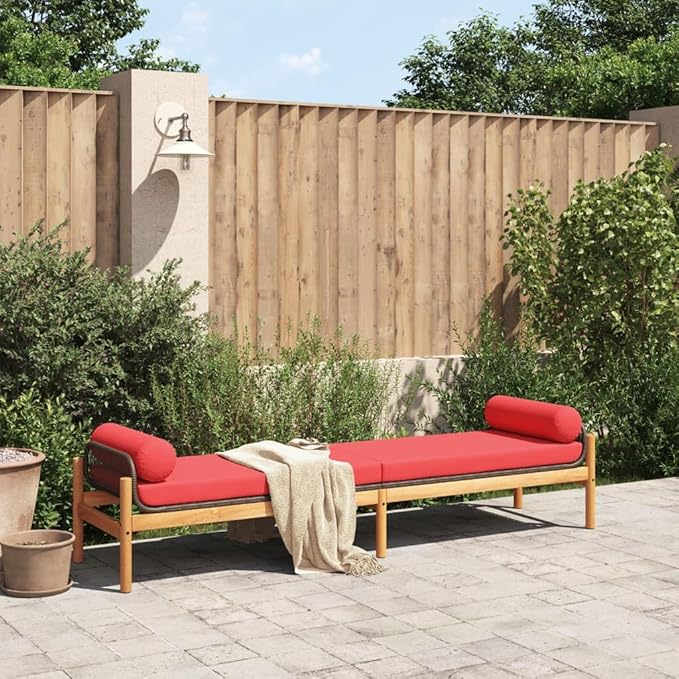 Brown and Red PE Rattan Patio Bench with Removable Cushion Covers, 2-Piece Outdoor Seating Set with Acacia Wood Legs and Steel Frame for Garden Balcony Terrace