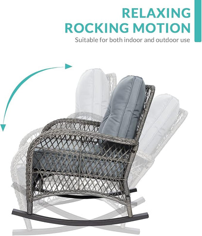 MEETWARM Outdoor Wicker Rocking Chair, Rattan Patio Rocker Chairs with Cushions and High Back, All-Weather Patio Wicker Chair with Safe Rocking Design for Garden Backyard Porch, Gray