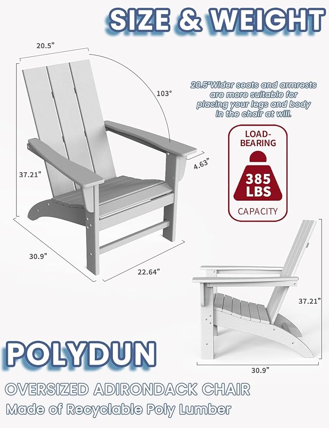 Modern Adirondack Chair, HDPE Plastic Patio Chairs for All Weather, Fire Pit Chair, Outdoor Lawn Chairs for Deck, Porch, Backyard, Garden, White