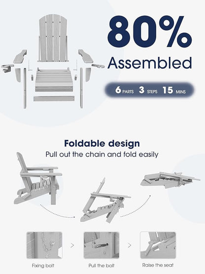 KINGYES Folding Adirondack Chair with Dual Cup Holders - HDPE All-Weather Outdoor Chairs, Wood-Like Patio Chair for Backyard, Camping, Pool & Fire Pit, Silver Grey
