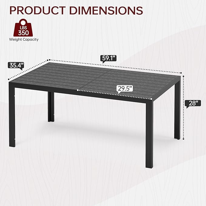 PIZZELLO Patio Dining Table for 6, 59" Rectangular Outdoor Patio Tables with Wood-Like HDPE Slat Top, All Weather Metal Outdoor Dining Table for Lawn Backyard Garden, Black